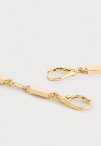 Catena color oro con maglie rettangolari e due ganci a leva su uno sfondo grigio chiaro.