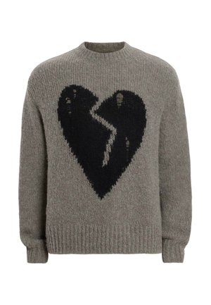 Maglione grigio a maglia con un design di cuore spezzato nero sulla parte anteriore. Presenta polsini e orlo a costine, con una finitura morbida e testurizzata.