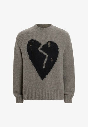 Szary sweter robiony na drutach z czarnym wzorem złamanego serca z przodu. Posiada ściągacze przy mankietach i u dołu, z miękkim, strukturalnym wykończeniem.