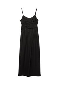 Robe noire à bretelles spaghetti, tissu lisse, taille froncée, longueur genoux, et silhouette fluide sans motifs ni accents supplémentaires.