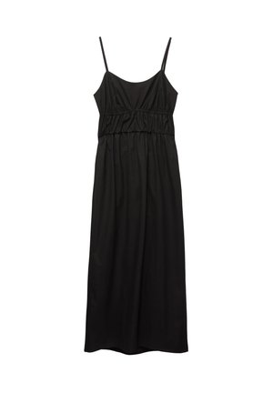 Robe noire à bretelles spaghetti, tissu lisse, taille froncée, longueur genoux, et silhouette fluide sans motifs ni accents supplémentaires.