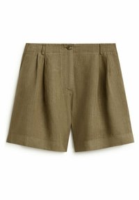 Shorts en lin vert olive avec des plis à l'avant, fermeture à bouton et bords ourlés. Texture légère adaptée aux temps chauds.