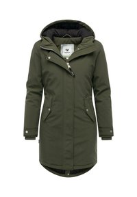 Olivenfarvet parka med aftagelig hætte, lynlåslukning og to frontlommer. Har foret med quilting og ribbede manchetter for varme.