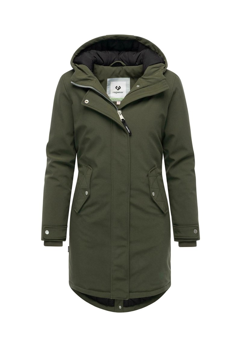 Olivenfarvet parka med aftagelig hætte, lynlåslukning og to frontlommer. Har foret med quilting og ribbede manchetter for varme.