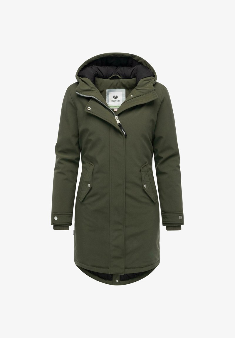 Olivenfarvet parka med aftagelig hætte, lynlåslukning og to frontlommer. Har foret med quilting og ribbede manchetter for varme.