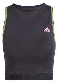Haut de sport noir court avec des bordures vert lime et un logo Adidas rose sur la poitrine, présentant un design ajusté et une large bande élastique à l'ourlet.