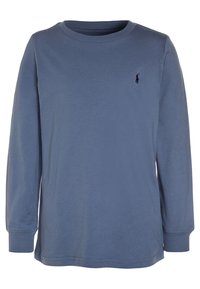 Blå långärmad crewneck-tröja med liten mörk broderad logotyp på vänster bröst, ribbade ärmslut och rak fåll.