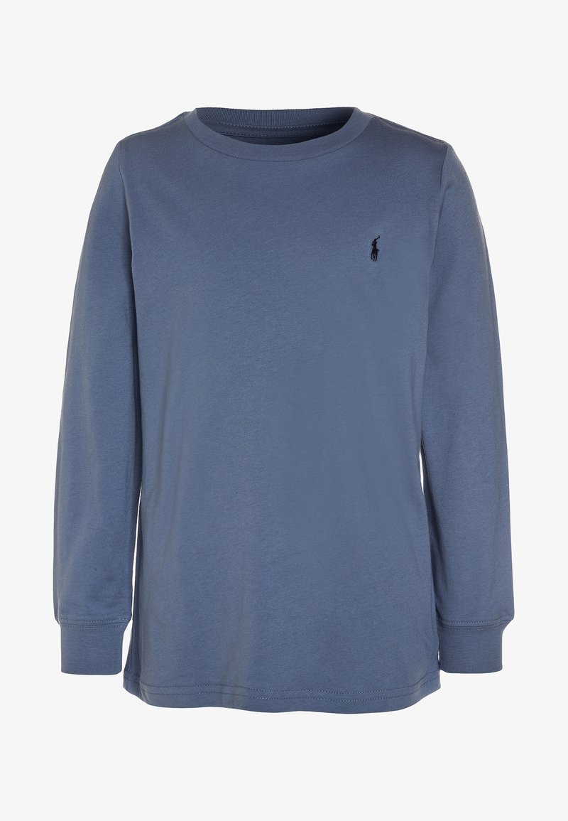 T-shirt bleu à manches longues avec un petit logo brodé sombre sur la poitrine gauche, des poignets côtelés et un ourlet droit.