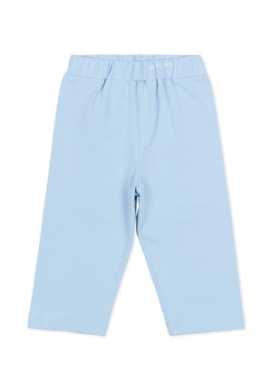 Pantaloni azzurri per bambini con vita elastica e logo Trussardi discreto al centro davanti della cintura, modello alla lunghezza del ginocchio.