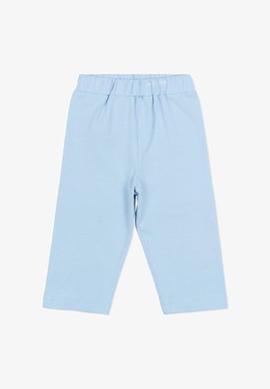 Lichtblauwe peuterbroek met elastische tailleband en subtiel Trussardi-logo vooraan in het midden van de tailleband, knie-lengte stijl.