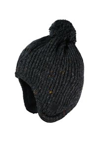 Knit beanie in dark gray with colorful specks, featuring a rounded top and a pom-pom. Soft interior lining and ear flaps for added warmth.