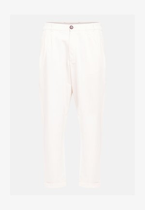 Pantalon en coton blanc à coupe décontractée, avec une fermeture à bouton à l'avant, deux poches latérales et des poignets retroussés. Texture lisse et lignes épurées.