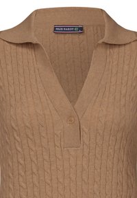 Beige svetr s pleteným vzorem a výstřihem do V, dekorovaný knoflíky. Jemná textura s vystouplými vzory, vyrobený z lehkého materiálu.
