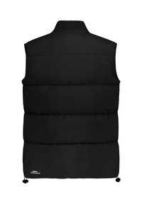 Schwarze Steppweste, ärmellos mit einem gerippten Kragen, mit vertikalen Nähten und einem verstellbaren Kordelzugsaum. Glatte Textur, minimale Details.