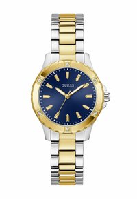 Montre en métal doré et argenté avec un cadran bleu, des accents dorés et des marqueurs ressemblant à des diamants. Elle possède un boîtier rond et un bracelet à maillons.