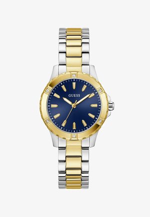 Gold and silver-tone metal watch with a blue dial, gold accents, and diamond-like markers. Features a round case and a linked bracelet design.
