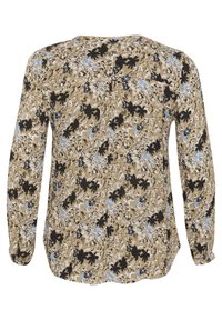 Floral blouse in beige, featuring black and blue patterns, long sleeves, round neckline, and a back pleat detail. Lightweight fabric.