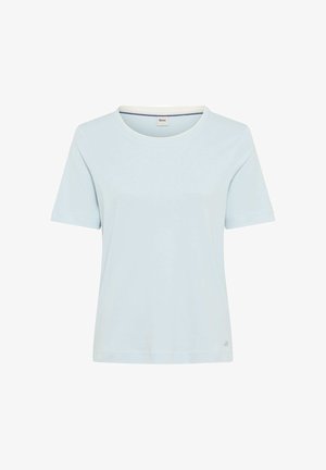 T-shirt azzurro chiaro in cotone a maniche corte con scollo tondo e piccolo logo del marchio vicino all'orlo inferiore su sfondo bianco.