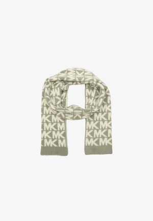 Écharpe à motifs présentant une texture douce et moelleuse en gris clair avec des logos "MK" blancs et des formes géométriques tout au long. Les extrémités sont de couleur gris uni.