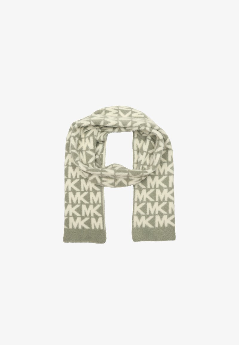 Patterned scarf featuring a soft, plush texture in light grey with white "MK" logos and geometric shapes throughout. Ends are solid grey.