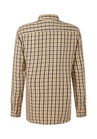 Langärmliges kariertes Hemd in Beigetönen, Braun und Weiß, von hinten gezeigt mit geknöpfte Manschetten und einem klassischen Kragen.