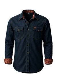 Dunkelblaue Denim-Hemd mit zwei Brusttaschen, goldenen Knöpfen und kontrastierenden geometrischen Mustern an den inneren Manschetten. Klassischer Kragen und taillierter Schnitt.