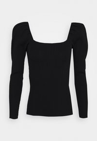 Top lungo a maniche nere a costine con scollatura quadrata e spalle a sbuffo, silhouette aderente.