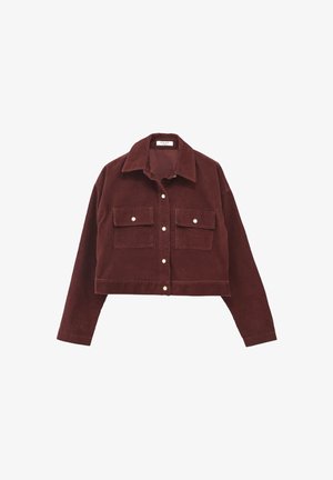 Giacca cropped in corduroy bordeaux con colletto, due tasche frontali e chiusura con bottoni con dettagli rotondi in argento.