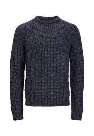Pull marin avec une texture tricotée épaisse, col rond et manches longues. Présente un ourlet et des poignets côtelés, mettant en valeur un design classique.