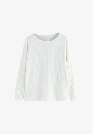 Svetlo siva dolga majica z dolgimi rokavi z teksturirano rebrasto površino, okroglo ovratnikom in rahlo spušenimi rameni. Mehka tkanina z sproščenim krojem.