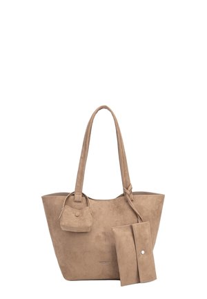 Beige suède draagtas met lange hengsels, een klein aangehecht zakje en een bijpassende afneembare portemonnee met drukknoopsluiting.