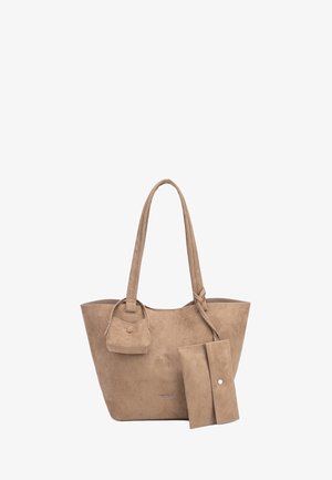 Beige suède draagtas met lange hengsels, een klein aangehecht zakje en een bijpassende afneembare portemonnee met drukknoopsluiting.