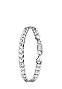 Silver-tone chain bracelet featuring thick, interlinked metal links and a lobster clasp closure. Smooth, glossy finish with durable texture.