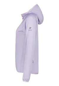 Ljuslila hoodie i textil, med en dragsko i huven, långa ärmar och en logotyp på vänster arm.