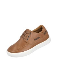 Zapatilla de cuero marrón con suela de goma blanca, puntera redonda y diseño de cordones. Presenta acentos cosidos y pequeños recortes laterales.
