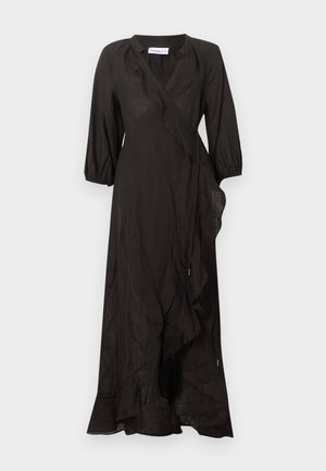 Mustast wrap-stiilis midi-kleit 3/4 balloon-varrukate ja volangidega esiküljel ja ääres.