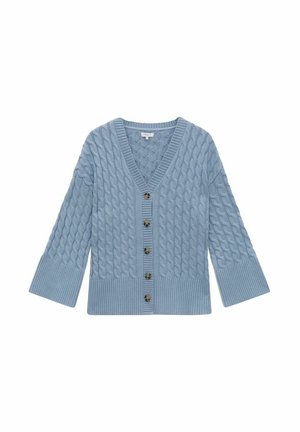 Lichtblauwe kabelgebreide cardigan met V-hals, geribde manchetten en zoom, voorzien van zes ronde knopen aan de voorkant.
