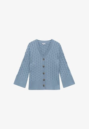 Lichtblauwe kabelgebreide cardigan met V-hals, geribde manchetten en zoom, voorzien van zes ronde knopen aan de voorkant.