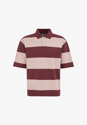 Polo met korte mouwen met brede horizontale strepen in bordeauxrood en lichtroze en een kraag met een knoopsluiting met twee knopen.