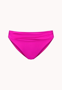 Růžové bikini spodní díly vyrobené z hladké látky. Mají na sobě nařasený přední design, střední pas a elastické lemy pro bezpečné nošení.