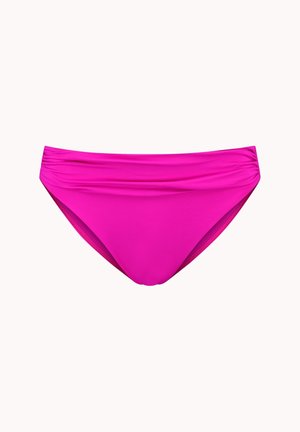 Růžové bikini spodní díly vyrobené z hladké látky. Mají na sobě nařasený přední design, střední pas a elastické lemy pro bezpečné nošení.