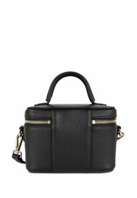 Borsa a tracolla in pelle nera con cerniere dorate, forma rettangolare, doppi manici superiori e tracolla removibile. Superficie testurizzata con accenti minimi.