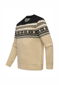 Beige genser med svart mønstret bærestykke. Har et geometrisk design i krem og svart. Klassisk rund hals og ribbestrikkede mansjetter.