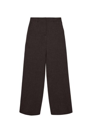 Sötétbarna, magas derekú, széles szárú nadrág övbemászkálókkal, fehér háttéren laposan elrendezve.