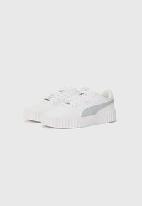 White sneakers with gray accents, textured rubber sole, smooth upper material, and lace closure, featuring a side logo detail.