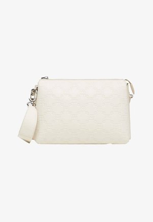 Cremefarbene Leder-Clutch mit geprägt-geometrischem Muster, silbernem Reißverschluss und abnehmbarem Handgelenkriemen mit Metallverschluss.