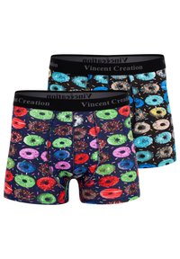 Due paia di boxer da uomo con stampe colorate di ciambelle. L'elastico è nero con il marchio "Vincent Creation". Tessuto morbido.