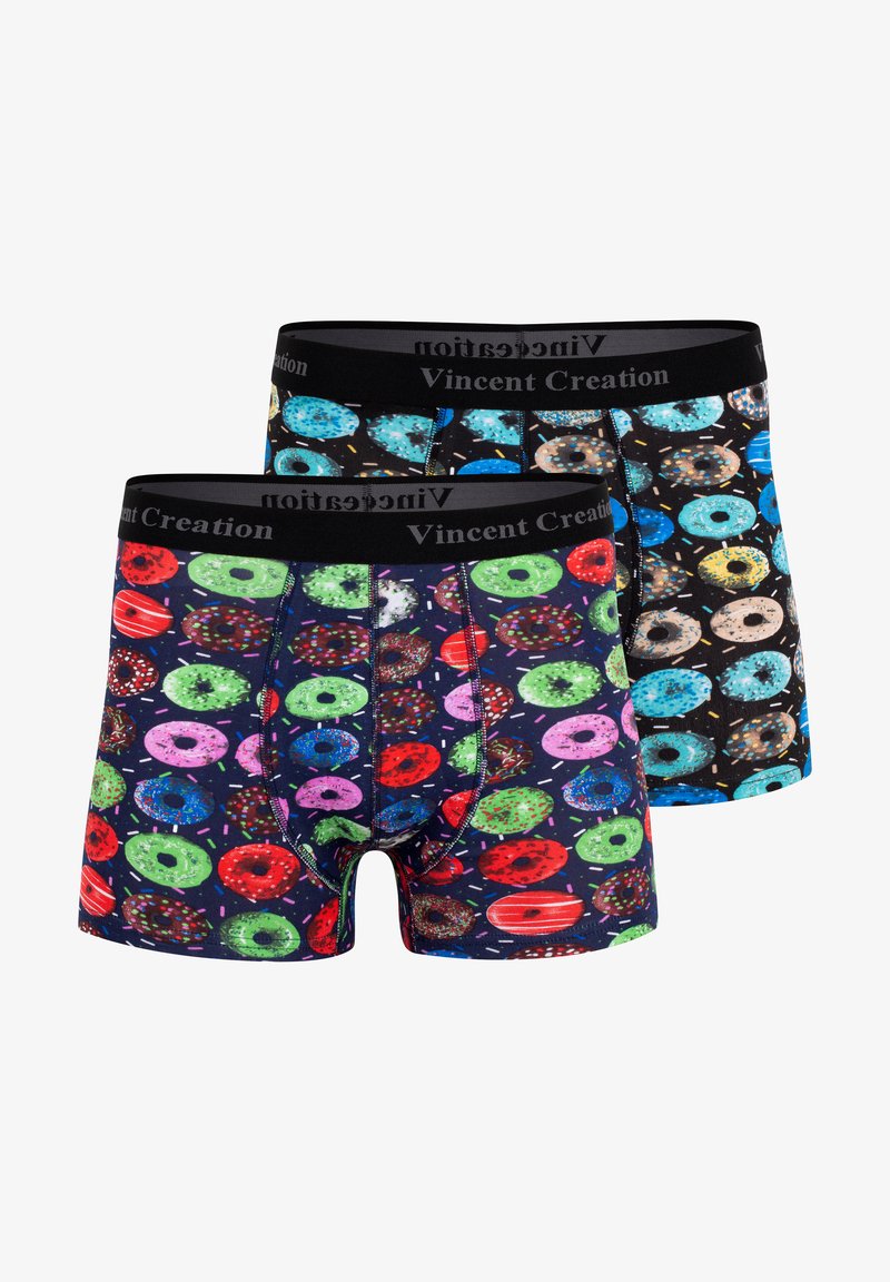 Deux paires de boxers pour hommes avec des imprimés colorés de beignets. La ceinture est noire avec la marque "Vincent Creation". Tissu doux.