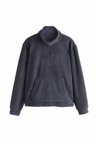 Dark gray pullover fleece top, featuring a quarter-zip collar, ribbed texture, kangaroo pocket, and fitted cuffs. Soft and warm material.