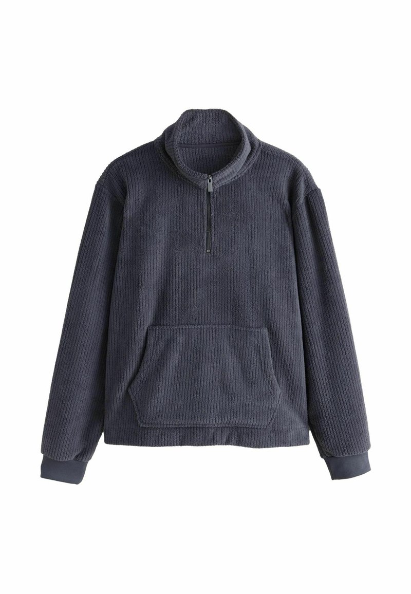Dark gray pullover fleece top, featuring a quarter-zip collar, ribbed texture, kangaroo pocket, and fitted cuffs. Soft and warm material.